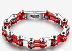 Ladies Red  Stainless Steel Bike Chain Bracelet with Cubic Zurconia Diamonds
